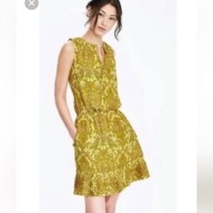 Banana Republic chartreuse Paisley Mini Dress with pleated skirt pockets